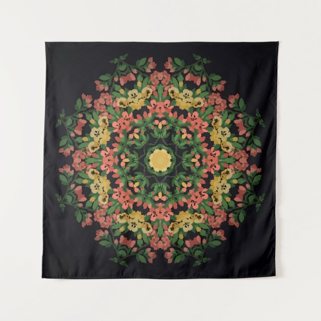 Tapiz Mandala floral: rojo, amarilla. (Anverso)