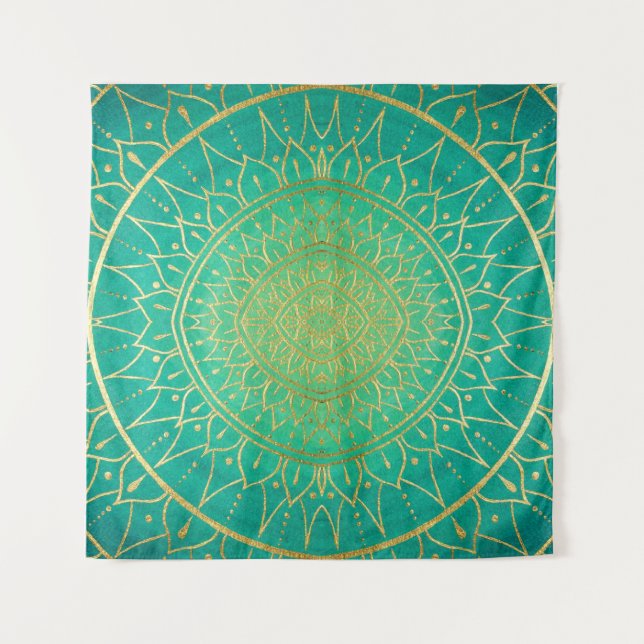Tapiz Mandala verde de oro de Esmeralda (Anverso)