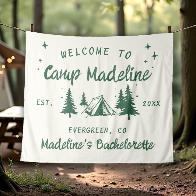 Tapiz Mano de fondo de bachillerato de campamento (camp bachelorette welcome backdrop hand drawn handwriting hand written camping glamping hiking bach)