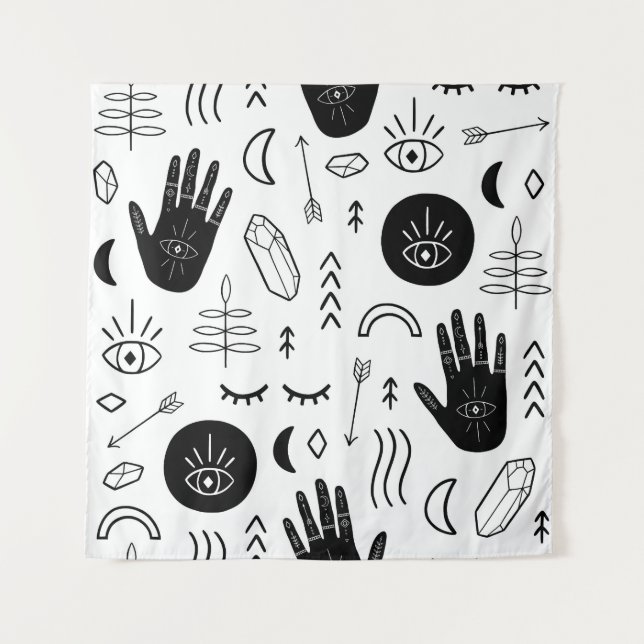 Tapiz Manos mágicas, luna, patrón étnico. (Anverso)