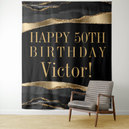 Tapiz Mans Birthday Party Backdrop Black Gold Agate