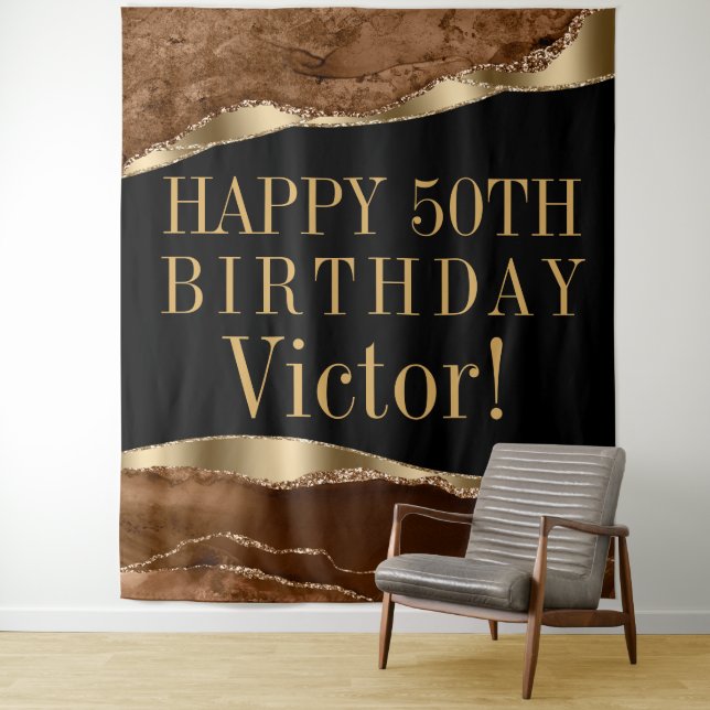 Tapiz Mans Birthday Party Backdrop Brown Gold Agate (In situ)
