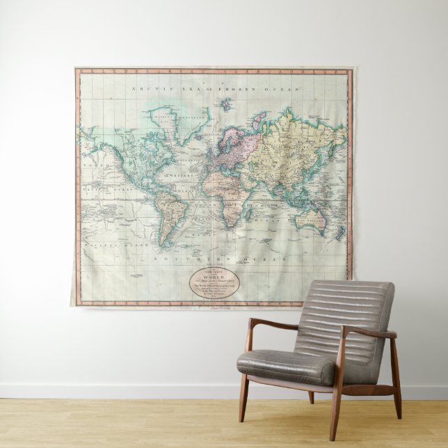 Tapiz Mapa del vintage del mundo (1801) (In situ (horizontal))