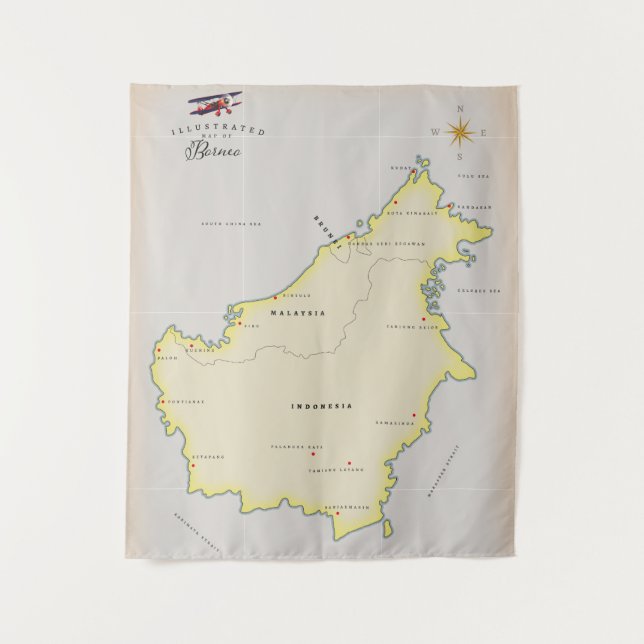 Tapiz Mapa ilustrado de Borneo (Anverso)
