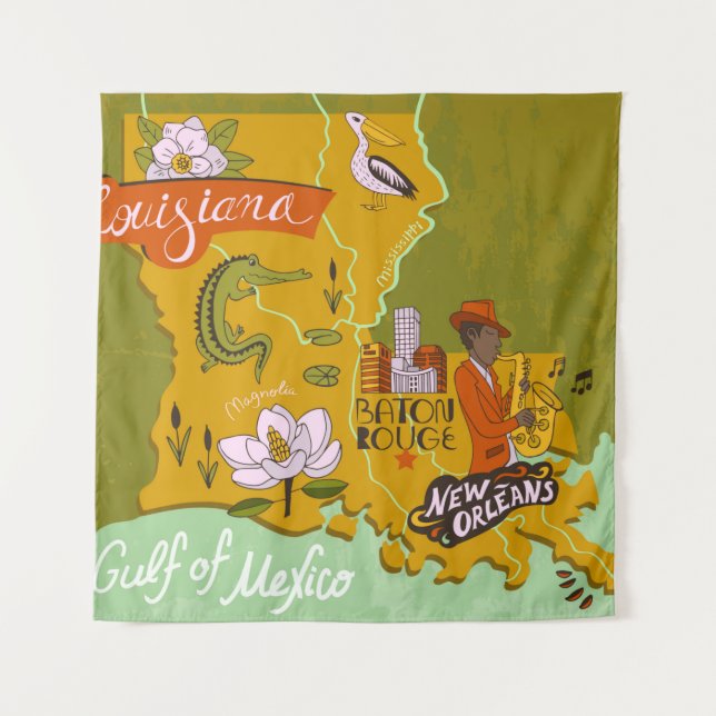 Tapiz Mapa ilustrado de Luisiana, Estados Unidos. Viajes (Anverso)