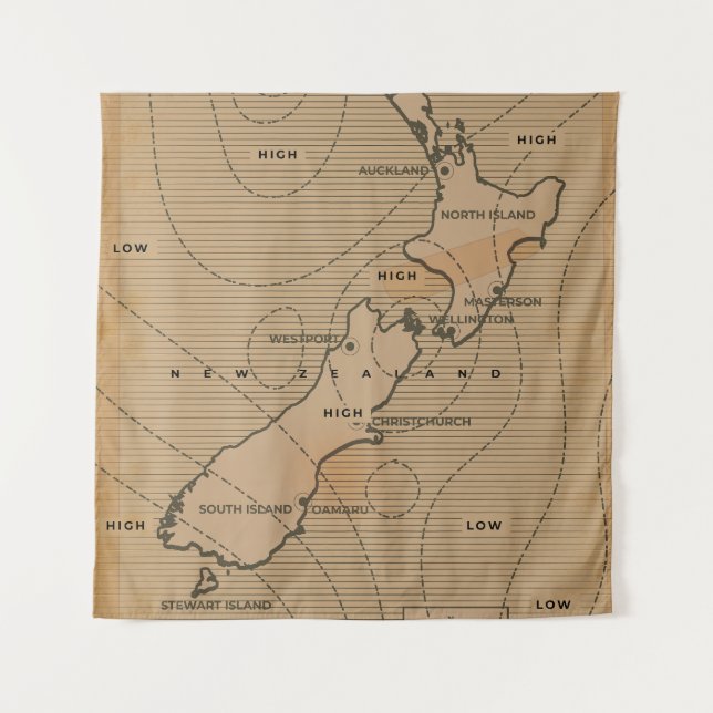 Tapiz Mapa meteorológico antiguo de Nueva Zelanda (Anverso)