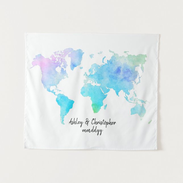 Tapiz Mapa Mundial de Acuarela para Recepción de Boda Ma (Anverso (horizontal))