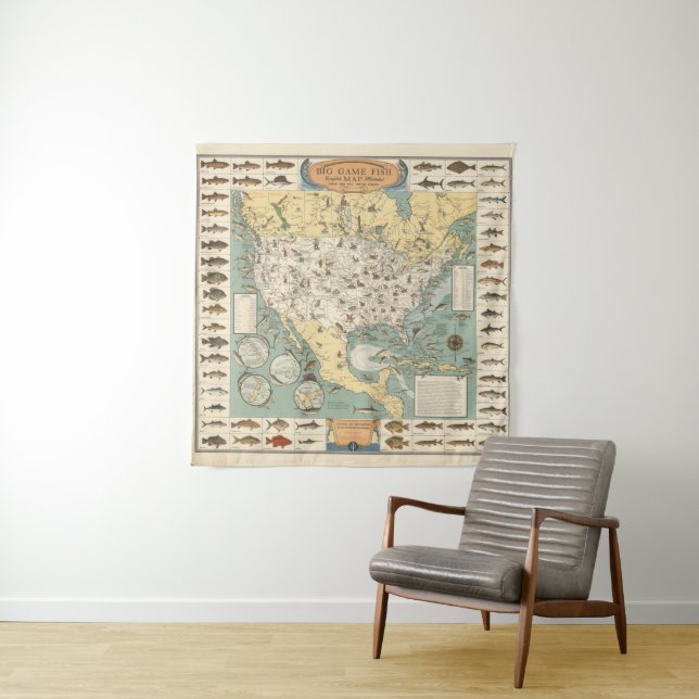 Tapiz Mapa vintage de peces de Estados Unidos (In situ)