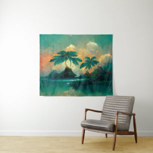 Tapiz Mar de fantasía tropical y palmeras