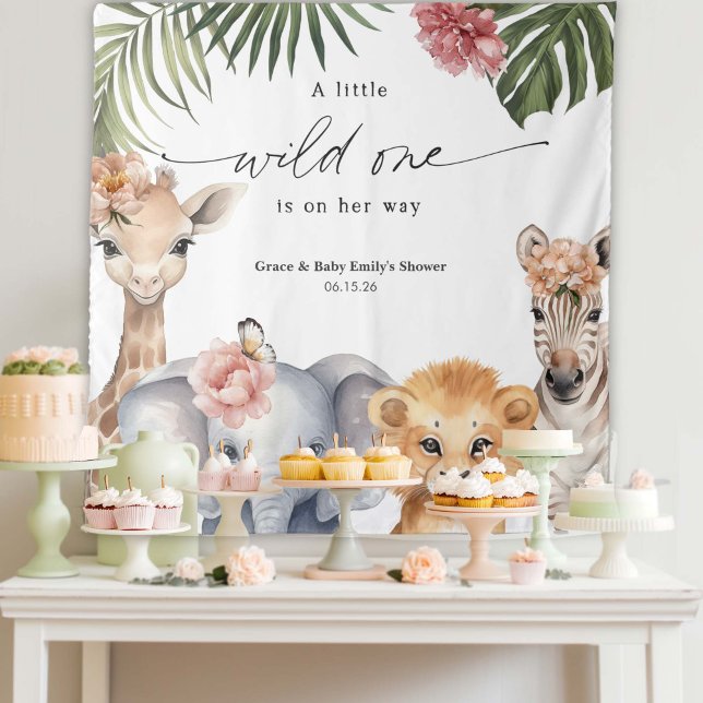 Tapiz Maravilloso entorno salvaje de un animal safari en (Wild One Safari Animal, Baby Girl Shower Party Backdrop.)