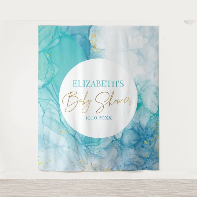 Tapiz Marble blue mint baby shower modern backdrop (Anverso)