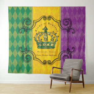 Tapiz Mardi Gras Purple Gold Green Crown Nombre de la fa