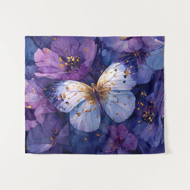 Tapiz Mariposa Azul sobre Flores Purpúreas (Anverso (horizontal))