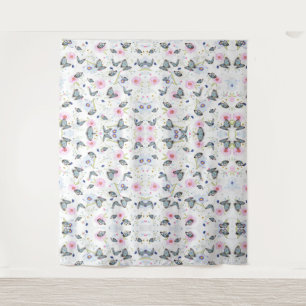 Tapiz Mariposa azul y floral rosa en acuarela vintage
