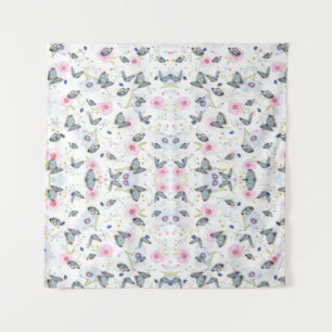 Tapiz Mariposa azul y floral rosa en acuarela vintage