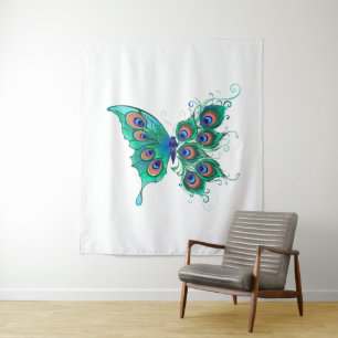 Tapiz Mariposa con plumas de pavo real verde