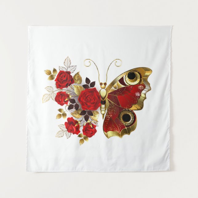 Tapiz Mariposa de flor roja con rosas rojas (Anverso)