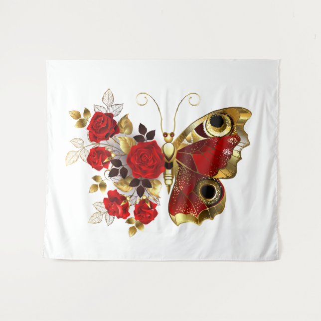 Tapiz Mariposa de flor roja con rosas rojas (Anverso (horizontal))
