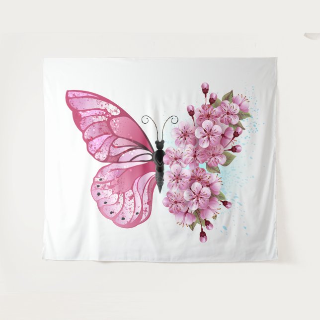 Tapiz Mariposa de flores con Sakura rosa (Anverso (horizontal))
