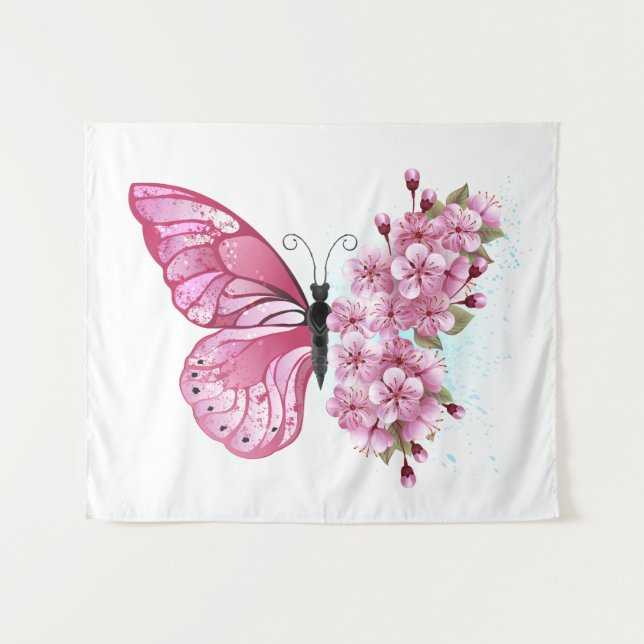Tapiz Mariposa de flores con Sakura rosa (Anverso (horizontal))