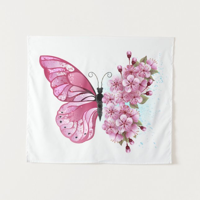 Tapiz Mariposa de flores con Sakura rosa (Anverso (horizontal))