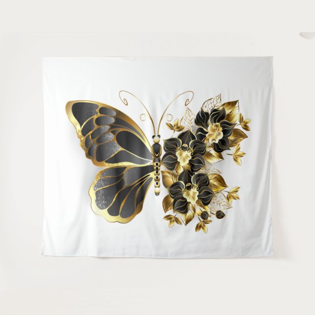 Tapiz Mariposa de flores de oro con orquídea negra (Anverso (horizontal))