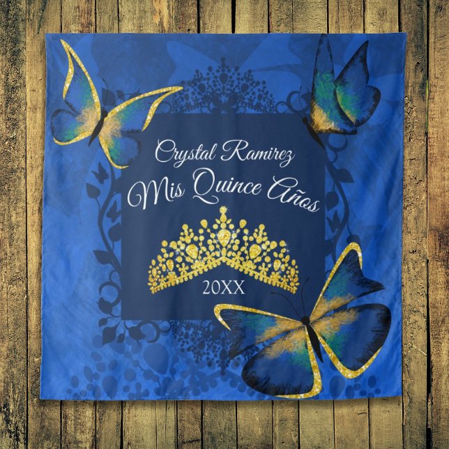 Tapiz Mariposa de oro azul, Tiara Quinceanera retrocede (blue gold party drape tapestry quinceanera mis quince anos wall sign banner welcome to quinceanera)