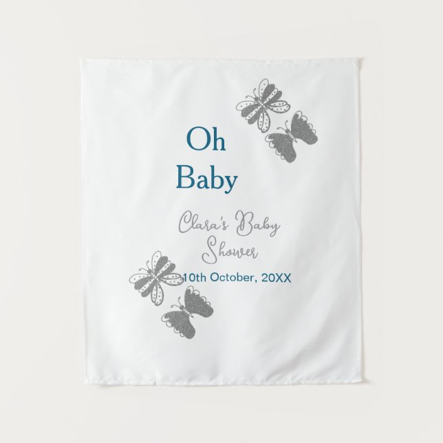 Tapiz Mariposa gris baby shower azul bebé moderno ext (Anverso)