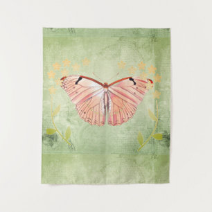 Tapiz Mariposa rosa sobre fondo floral verde