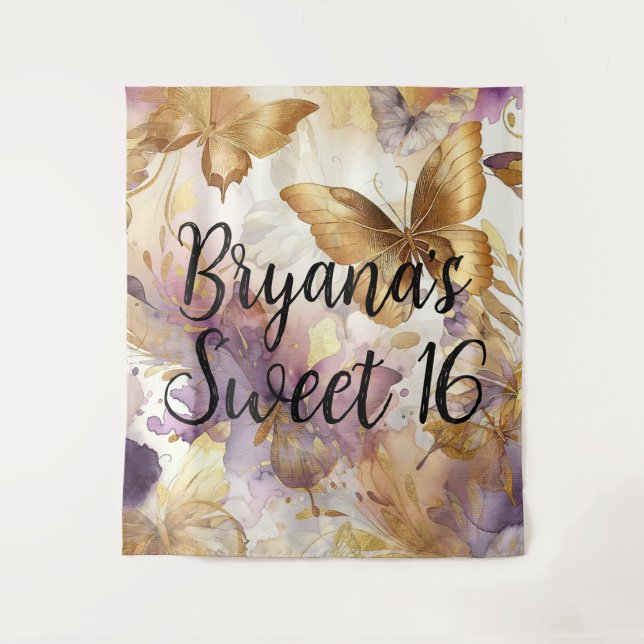 Tapiz Mariposas acuarela mariposa morada y dorada (Anverso)