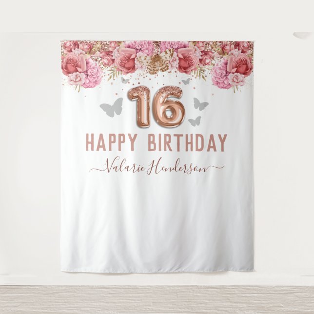 Tapiz Mariposas Florales Rosa Feliz 16º cumpleaños Budap (Anverso)