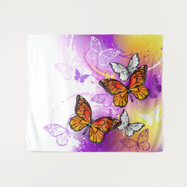 Tapiz Mariposas monarcas en fondo morado (Anverso (horizontal))