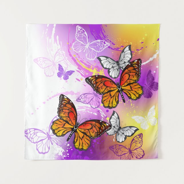 Tapiz Mariposas monarcas en fondo morado (Anverso)