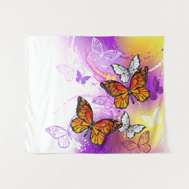 Tapiz Mariposas monarcas en fondo morado (Anverso (horizontal))