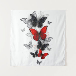 Tapiz Mariposas Morfo Negras y Rojas Volando