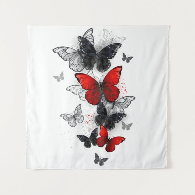 Tapiz Mariposas Morfo Negras y Rojas Volando (Anverso)