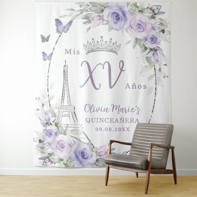 Tapiz Mariposas Purple Floral Eiffel Paris Quinceañera (In situ)