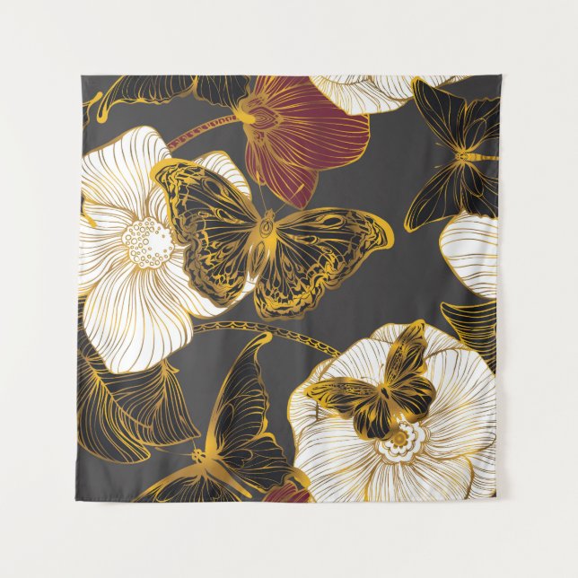 Tapiz Mariposas y flores: Patrón de Boho de primavera (Anverso)