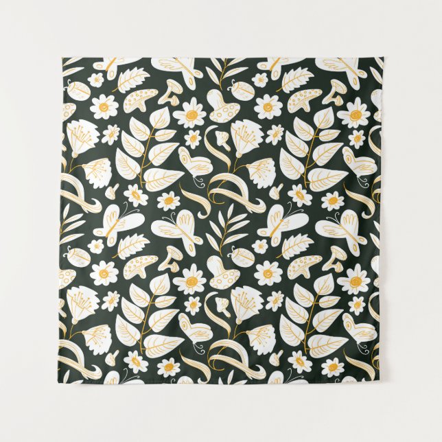 Tapiz Mariposas y flores: Patrón de verano de Doodle. (Anverso)