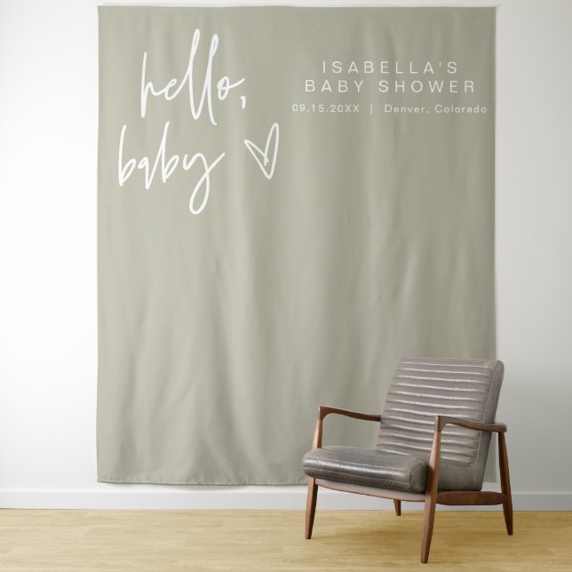 Tapiz MARLO Boho Hello Sage Green Baby Shower Tapestry (In situ)