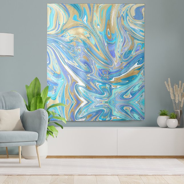 Tapiz Mármol líquido de oro y Aqua de Perla (Aqua & Gold Marble Paint Pour Tapestry)
