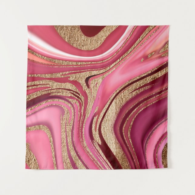 Tapiz Mármol líquido rosa abstracto con oro purpurina (Anverso)