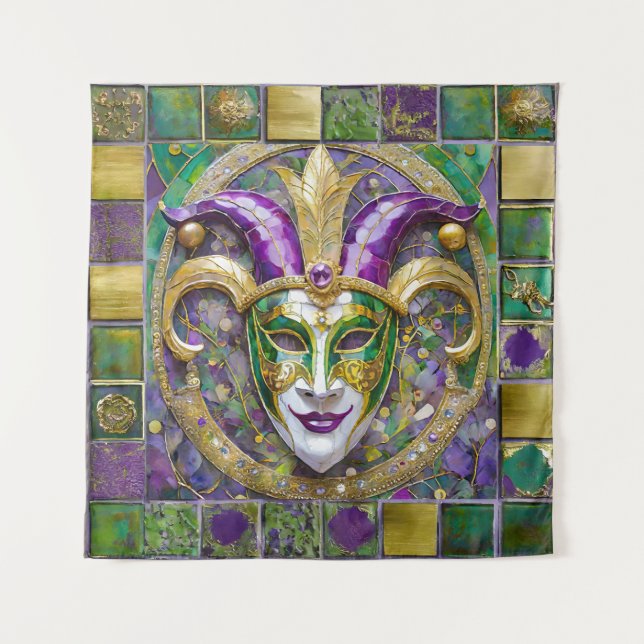 Tapiz Máscara de Jester Mardi Gras verde dorado (Anverso)