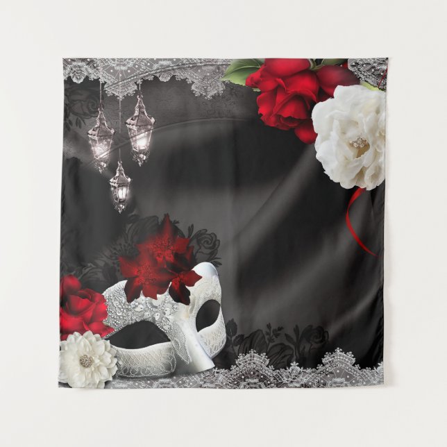 Tapiz Máscara Negro Rojo Elegante Floral Fondo de Fiesta (Anverso)