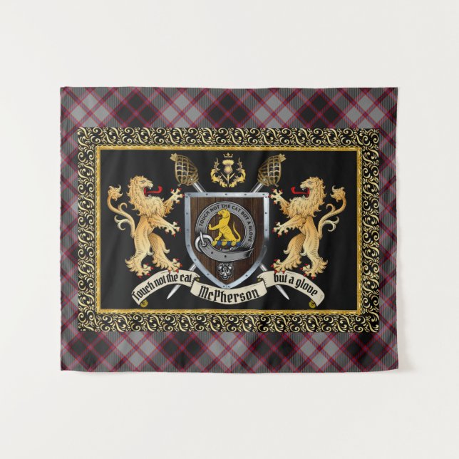 Tapiz McPherson Clan Badge & Motto con Leones (Anverso (horizontal))