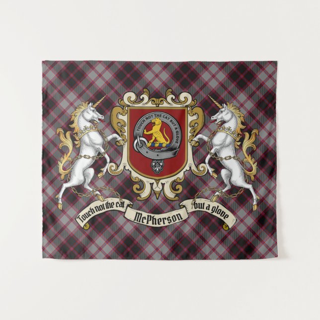 Tapiz McPherson Clan Badge & Unicorns con Tartán (Anverso (horizontal))