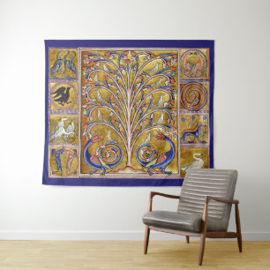 TAPIZ MEDIEVAL BESTIARY,BIRDS ON TREE OF LIFE,DRAGONS