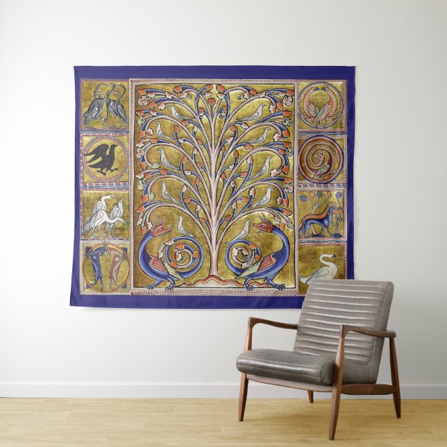 TAPIZ MEDIEVAL BESTIARY,BIRDS ON TREE OF LIFE,DRAGONS  (In situ (horizontal))