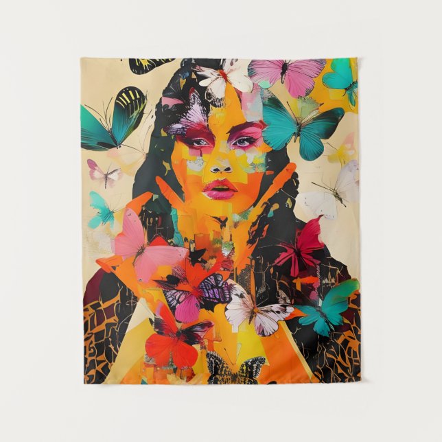 Tapiz Medios mixtos de mujeres y mariposas (Anverso)