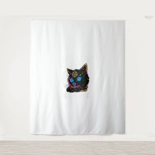 Tapiz Meowgic de gato negro, bruja de Halloween, pluma d